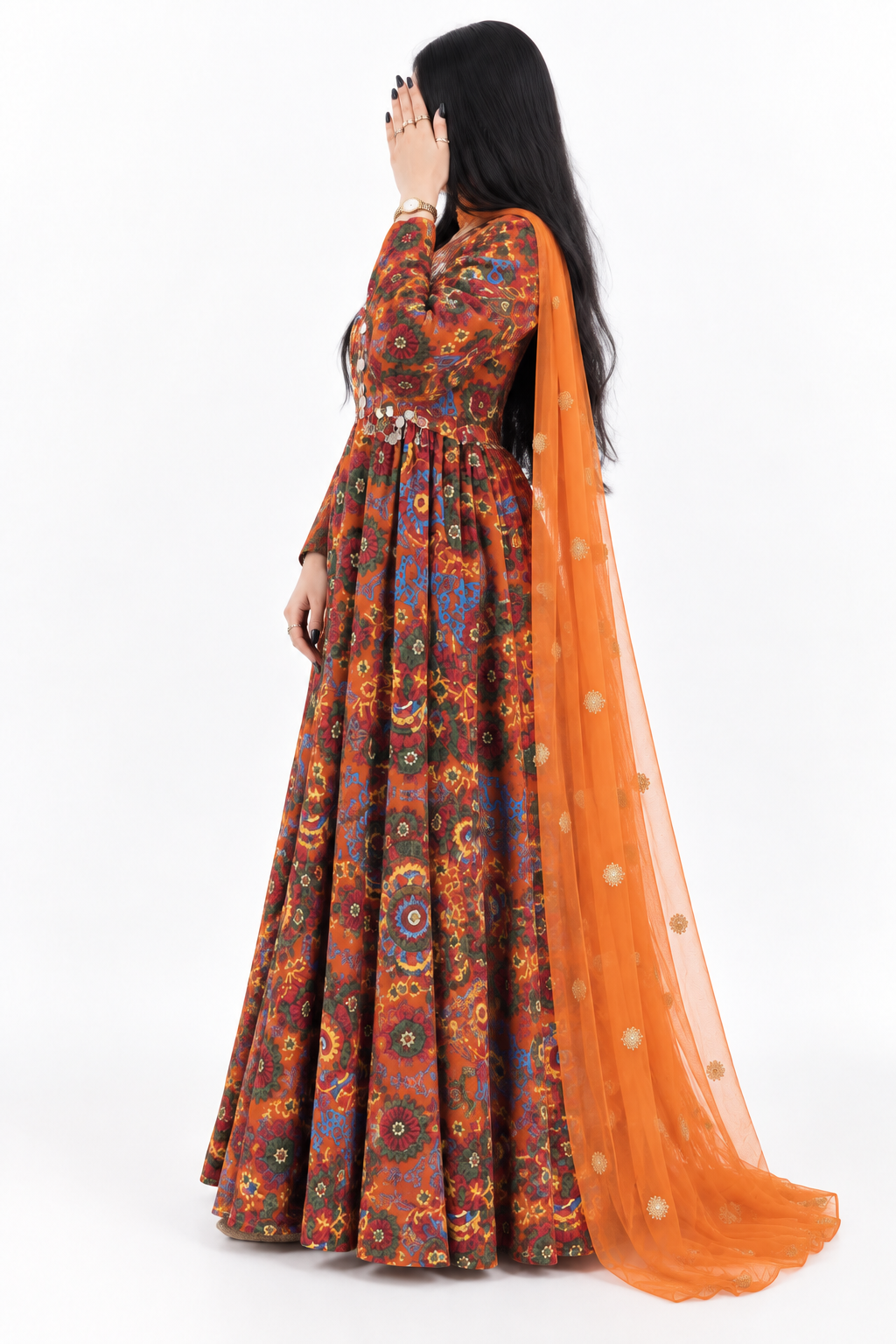 Orange floral traditional dress, side studio view