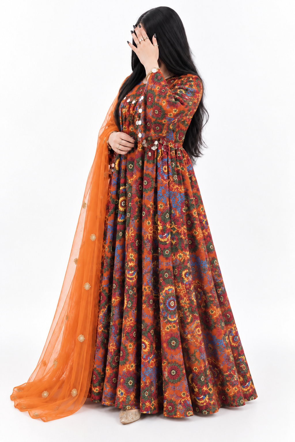 Orange floral traditional dress, three-quarter studio view